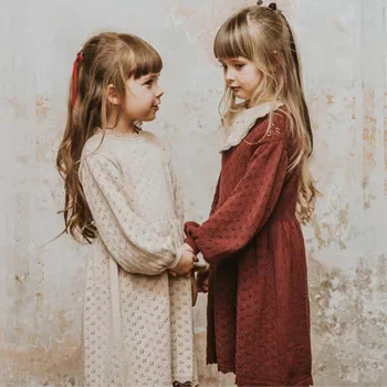 BINIDUCKLING Kevad Sügis Lapsed Tüdrukud Kleit Pikk Varrukas Õõnes-Out Kootud Kleit Väikelapse Tüdrukud O-Kaeluse Lapse Vintage Kleit