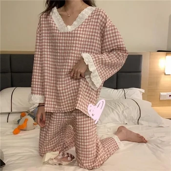 Pajama Komplekti Naiste Kevad Hot Müük Ruuduline V-Kaeluse Naine Sleepwear korea Stiilis Harajuku Kõik-mängu Magus Õpilased Lihtne Mood