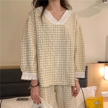 Pajama Komplekti Naiste Kevad Hot Müük Ruuduline V-Kaeluse Naine Sleepwear korea Stiilis Harajuku Kõik-mängu Magus Õpilased Lihtne Mood