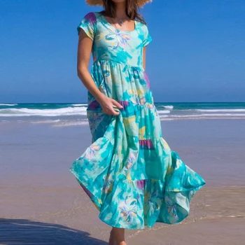 Suvel Vintage Kleit Naiste Prindi Lühikesed Varrukad Pikad Kleidid Vabaaja Naiste Mood O Kaela Pool Kleit Pluss Suurus Sinine Kleit