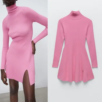Naiste Kevad Koo Roosa Kleit Za 2021 Elegantne Kõrge Kaelusega Pika Varrukaga Mini Kleidid Naine, Mood Ees Pilu Vintage Kampsun Kleit