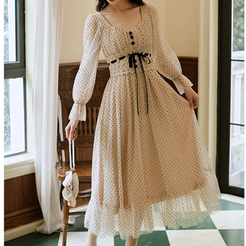 Prantsuse Vintage Midi Kleit Naiste Pikad Varrukad Square Collor Office Elegantne Kleit Naine 2021 Kevadel Dot Kleit Korea