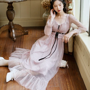 Prantsuse Vintage Midi Kleit Naiste Pikad Varrukad Square Collor Office Elegantne Kleit Naine 2021 Kevadel Dot Kleit Korea