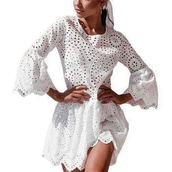 Hirigin Suvel Naiste Kolme Kvartali Varruka Õõnes Beach Mini Kleit 2021 Mood Daamid Vabaaja Street Boho Puhkus Valge Vestido