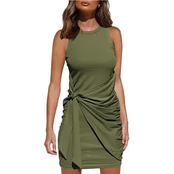Bodycon Tank Ruched Mini Kleit Naiste Suve Värviga Vabaaja Plisseeritud Puuvill Varrukateta Õhuke Moe-Bow Lace Up Vestidos Mujer