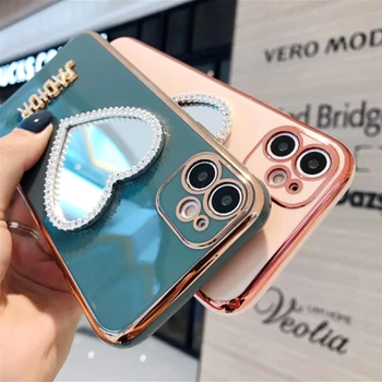 Luksuslik 3D-Electroplate Armastus Südames Meik peegel Telefon Case For iPhone 12 11 XS XR 7 8Plus Katmine Peegel Tüdruk Teemant Pehme Kate