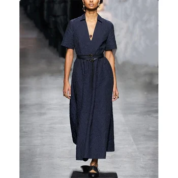 Naiste Raja Kleit 2021 Kõrge Kvaliteedi Primavera Uus Mood V-Kaeluse, Lühikeste Varrukatega Tumesinine Elegantne Maxi Kleidid Vestidos