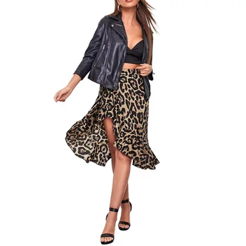 Suvel Midi Seelik Naiste Leopardi Kõrge Vöökoht Vabaaja Naiste Seelik Ebaseaduslike Jagada Ruffle-line Seelik Streetwear