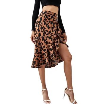 Suvel Midi Seelik Naiste Leopardi Kõrge Vöökoht Vabaaja Naiste Seelik Ebaseaduslike Jagada Ruffle-line Seelik Streetwear