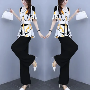 Suvel Sobiks Naine 2021 Uus Mood Sifonki Slim Segast Prindi Lai Jalg Püksid Püksid Täis Komplekt Kaks Tükki, V-Kaeluse, Lühikeste Varrukate