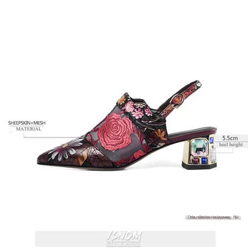 ISNOM Naiste Slingback Sandaalid Paks Kõrged Kontsad Crystal Kontsaga Sandaalid Daamid Suvel Tõsta Etnilise Lill Decor Pool Kleit Kingad