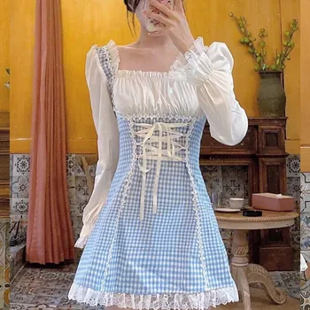 Jaapani Magus Lolita Mini Kleit Naiste Korea Square Krae Sidemega Sinine Ruuduline Gooti Kleit Kawaii Pits Pehme Tüdruk Kleit Ruffles