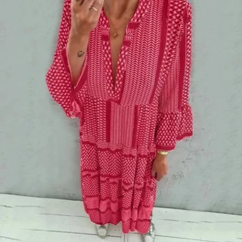 Geomeetriline Maxi Kleit Bohemian Prindi Naiste Kleit 2021 V Kaela Boho Pika Varrukaga Kleidid Naistele Poole aasta Sügisel Kaua Sundress Naine