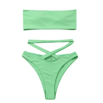 2tk Naiste Ujumistrikood Bikiinid Komplekti Push-Up (Polsterdatud Top Kõrge Vöökoht Puhta Värvi Rist Sidemega Split Thong Supelrõivad Seksikas Beachwear 2021