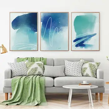 Põhjamaade Abstraktne Sinine Joon Plakatid ja Pildid Kaasaegne Tint Akvarell maalimislõuend Plakat elutuba, Magamistuba Seinamaaling Home Decor