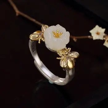 Looduslik Hetian valge magnoolia lill mesilaste avamine reguleeritav rõngas Hiina retro kerge luksus võlu naiste hõbedast ehteid