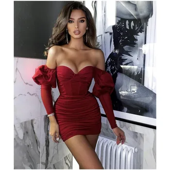 Uus Naiste Talve Mood Seksikas Maha Õla Jaoks Pikad Varrukad Burgundia Mini Sidemega Kleit 2021 Elegantne Õhtu Poole Kleit Vestidos