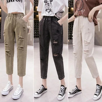 Puuvill ripitud teksad naiste kõrge vöökoht 2021 suvel uus stiil korea fashion lahti suured vabaaja püksid Harlan kärbitud püksid