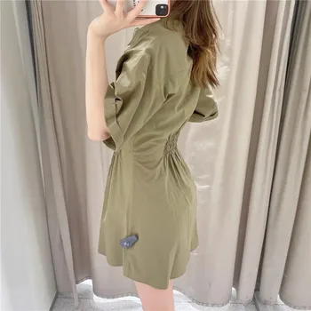 PSEEWE Za 2021 Armee Roheline Mini Kleit Särk Naiste Suvel Nuppu Üles Lühikese Varrukaga Kleit Naine Elastne Vöökoht Vabaaja Lühikesed Kleidid