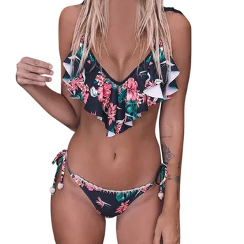 Uus daamid side bikini sobiks seksikas pilduma sõlmitud kahe-kihi ruffle ujumistrikoo madal vöökoht flower print suvel rannas bikiine