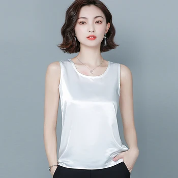 Korea Silk Top Naiste O-kaeluse Satiin Tank Eesotsas Naine Varrukateta Must Tees Cami Seksikas Päitsed Top Pluss Suurus Elegantne Naiste Valge Tops