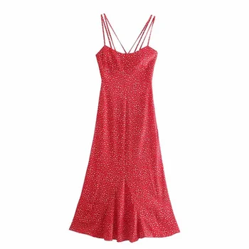 ZA 2021 Suvel Midi Naine Kleit Punane Õie Printida Spagetid Rihmad, V-kaelus Elegantne Kleidid Tagasi Avamine Pool Pikad Kleidid Naistele