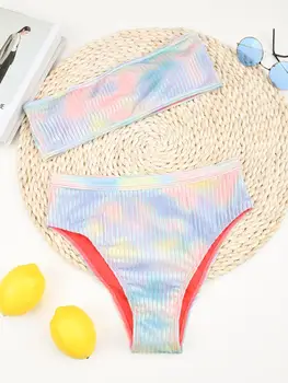 Tie Dye Kõrge Vöökoht Bikinis 2021 Seksikas Naiste Ujumistrikoo Supelrõivad Naine Bandeau Bather Brasiilia Bikiinid komplekti Biquini trikoo