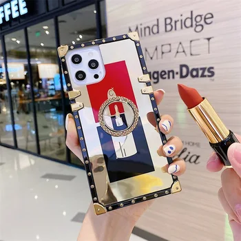 Luksus Brändi Kuld Peegel Square Telefon Case For iPhone 12 11 Pro Max XS XR 6s 7 8 Plus Fashion Girl Glitter Koos Ringi Pehme Kate