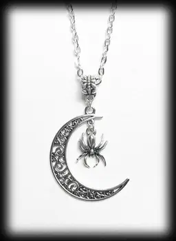 Crescent Moon Necklace, Gothic Witch Wicca Pendant, Filigree Moon With Spider Jewelry