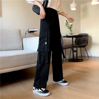 QWEEK Harajuku Streetwear Black Cargo Püksid Naiste korea Fashion Gooti Kõrge Vöökoht Valged Püksid Liiga Haaremi Püksid Mall Goth