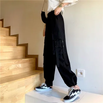 QWEEK Harajuku Streetwear Black Cargo Püksid Naiste korea Fashion Gooti Kõrge Vöökoht Valged Püksid Liiga Haaremi Püksid Mall Goth