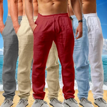 Uus aasta Sügisel ja Suvel Moe Mugav Beach Meeste Vabaaja Püksid Elastne Vöökoht Püksid Puuvillased ja linased püksid 8 Värvi