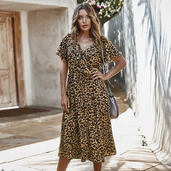 Seksikas Leopard Printida Sügav V Kaela Naiste Kevadine Kleit Lühikeste Varrukate Keskel Vasikas Kleidid Ruffles Vestdios
