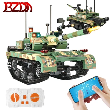 BZDA Linna RC Tank Mudel ehitusplokid Sõjalise kõrgtehnoloogia APP puldiga Elektriline Tank Tellised Haridus Mänguasjad Poistele
