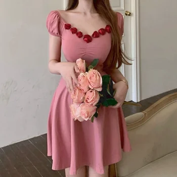 Suvel Tahke Kawaii Naiste Kleidid Disainer korea Elegantne Magusad Kleidid Naine High Street Casual V-kaeluse jaoks Seksikas Beach Kleit 2021