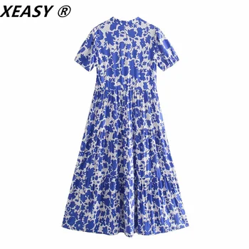XEASY Naiste 2021 Vintage V-Kaeluse Sinise Õie Printida Pleats Midi-Särk, Kleit Ühe Karavan Lühikese Varrukaga Kleidid Vestidos Mujer