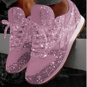 Naiste kingad kevadel uus bling sädelevat vabaaja kingad korter naine vulkaniseeritud kingad hingav pits-up väljas mood naiste tossud