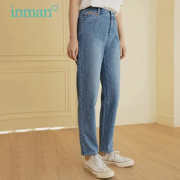 INMAN Suvel, Kevadel Streetwear Teksad Naiste Vintage Geomeetriline Muster Tikandid Volditud Taskud Disain Naiste Lady Denim Püksid