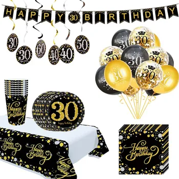 Must/Kuld Poole Paberit 30 40 50 60 Õnnelik Sünnipäeva Ühekordsed Nõud, Kaunistused Täiskasvanud Sünnipäev 30. 30Year Osaline Pakkumine