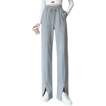 White moped casual pants women's 2021 new summer high-waisted thin feeling straight pants open fork wide leg pants