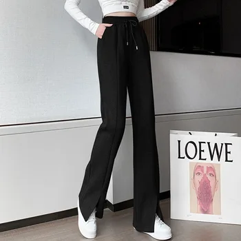 White moped casual pants women's 2021 new summer high-waisted thin feeling straight pants open fork wide leg pants