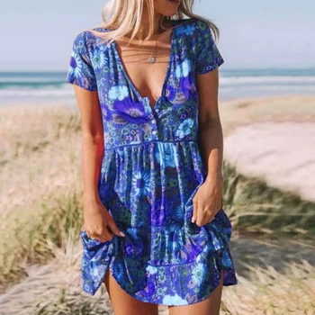 Sexy Lühike Varrukas Beach Boho Mini Kleit Naiste 2021 Suvel Põhjuslik Prindi Bohemia Roheline Pluss Suurus 5xl Dreeses Naine Rüü Femme