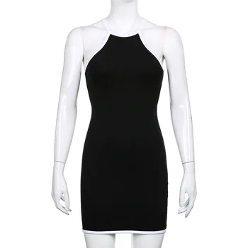 Waatfaak Lõigatud Seksikas Mini Kleit Must Goth Pool Streetwear Y2K Esteetiline Varrukateta Bodycon Kleidid Naiste Suve Tõsta Kontrastsust