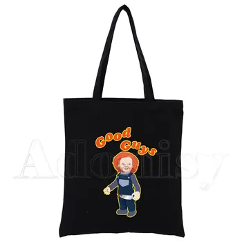 Chucky Prindi Korduvkasutatav Ostukott Naiste Lõuend Tassima Kotid Trükkimine Eco Kott Cartoon Shopper Õlakott Must