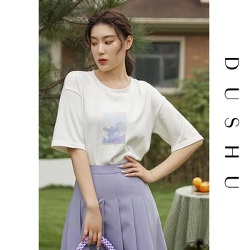DUSHU Pluss suurus prindi liiga must T-särk Naiste lühikesed varrukad vintage suvel valge top tee Vabaaja streetwear naiste t-särk