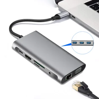 10 1 USB-C Docking Station Adapter Converter USB 3.0 Gigabit Ethernet4K HDMI-ühilduvate VGA Multiport C-Tüüpi RUMMU Macbook