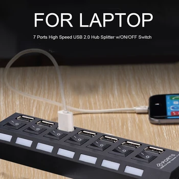 USB 2.0 Adapter Hub 7 Ports Mitu Sinine LED 480Mbps kiire toitelüliti ON/OFF USB-Jaoturit Office Arvuti Kaablid
