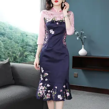 Sügisel trükitud cheongsam täiustatud versiooni ruffle kleit naiste uued Hiina stiilis mood high-end trükitud kleit