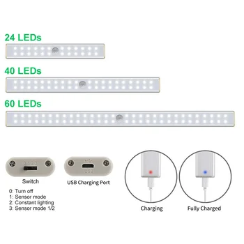 24 40 60 LED-Kapp Kerge USB Laetav All Kapis Valgustus Stick-Liikumisandur Garderoob Valgust Magnet Ribad