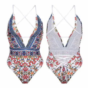 Täiesti Uus 2019 Seksikas Naiste Vintage Print Päitsed Ühes Tükis Ujumistrikoo Push Up Polsterdatud Bikiinide Monokini Supelrõivad Beachwear